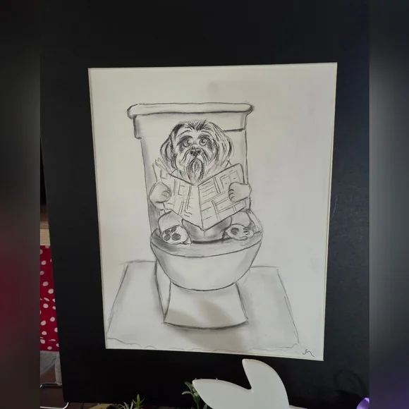 Whimsical Shitzo Dog on Toilet Black & White Art Print Original Signed - Picture 2 of 2